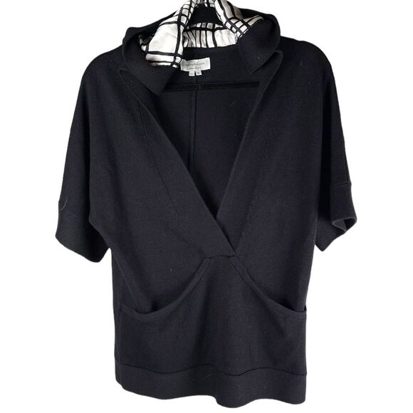 Adam Lippes Adam Plus Eve Black Wool Hooded V-Neck Sweater Size Medium - Picture 1 of 8